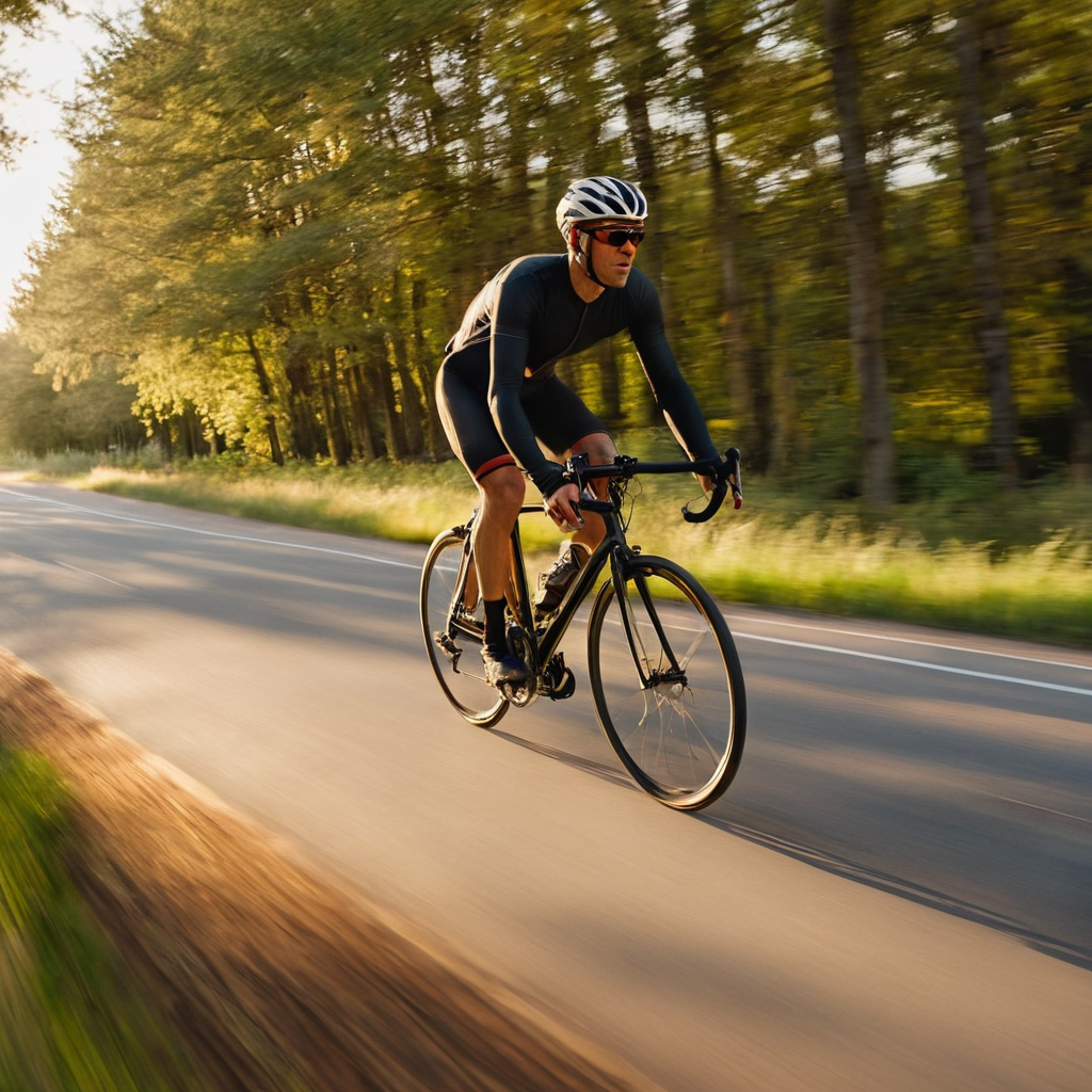 Panned the cyclist at 1/30s -- rider tack-sharp, the whole world a smear of road and green. Motion is the message.