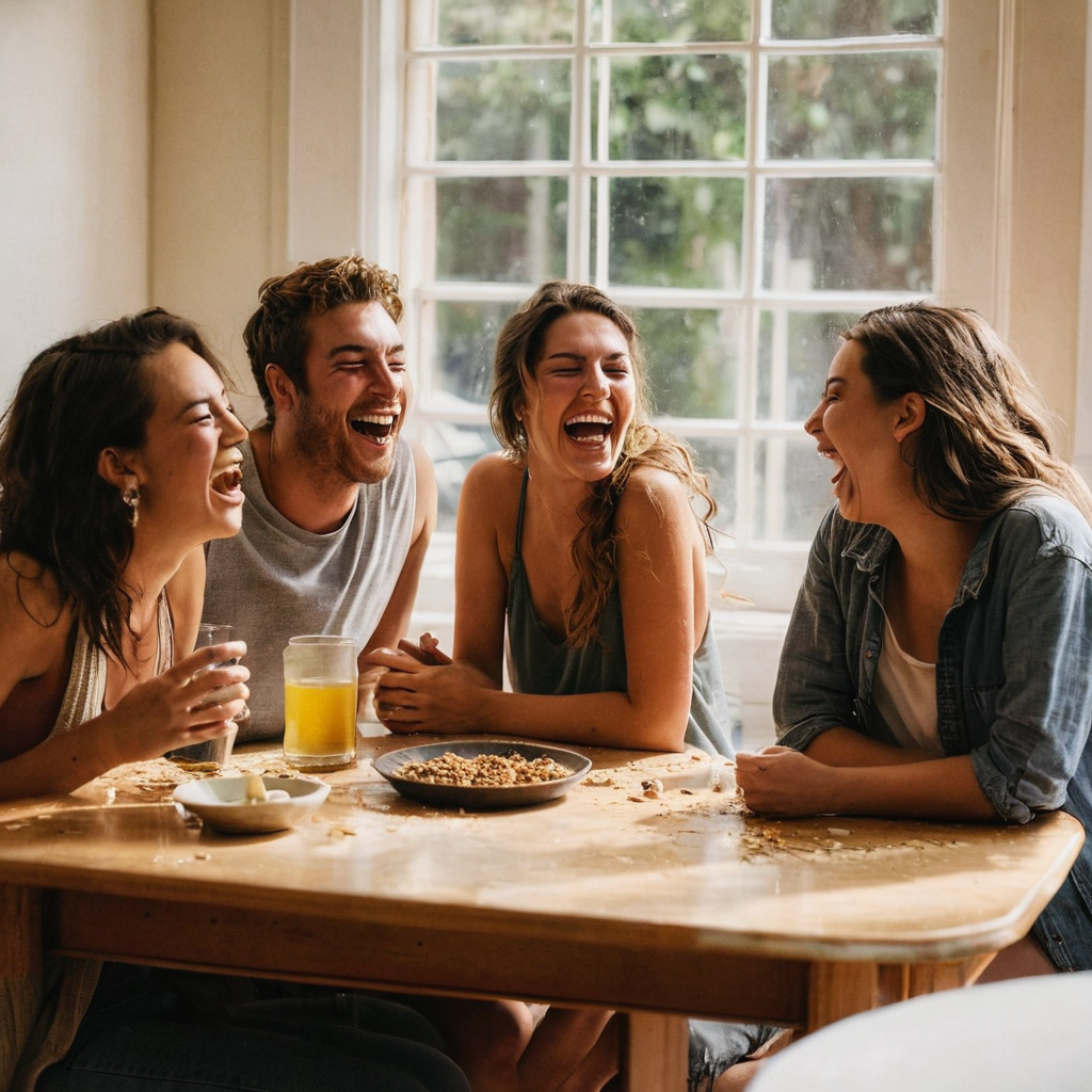 Nobody said 'smile.' Crumbs on the table, heads thrown back, a laugh that wasn't for the camera -- that's the honest frame.